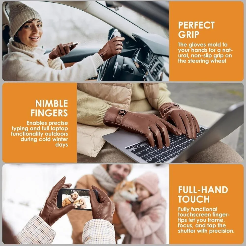 Women's Light Brown Lambskin Leather Gloves Warm Touchscreen Winter Driving Gift